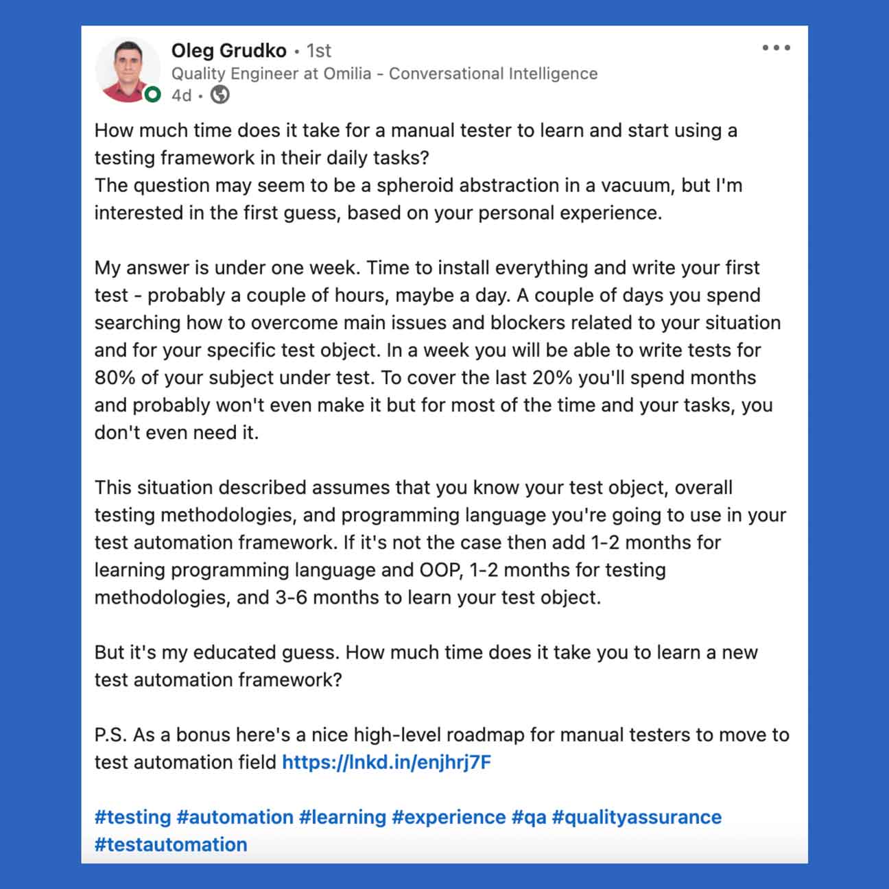 How much time does it take for a manual tester to learn and start using a testing framework in their daily tasks