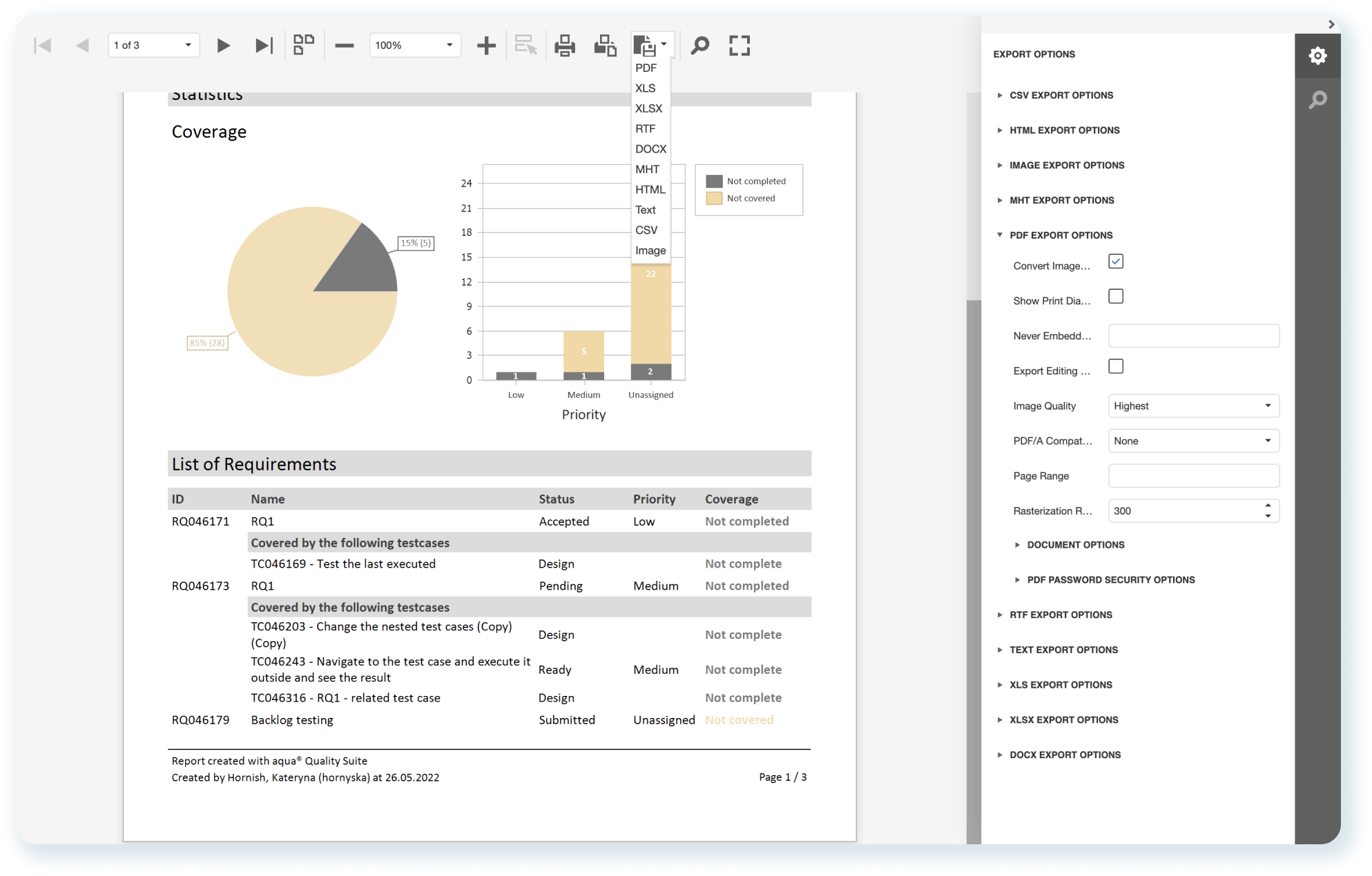 aqua ALM available report formats