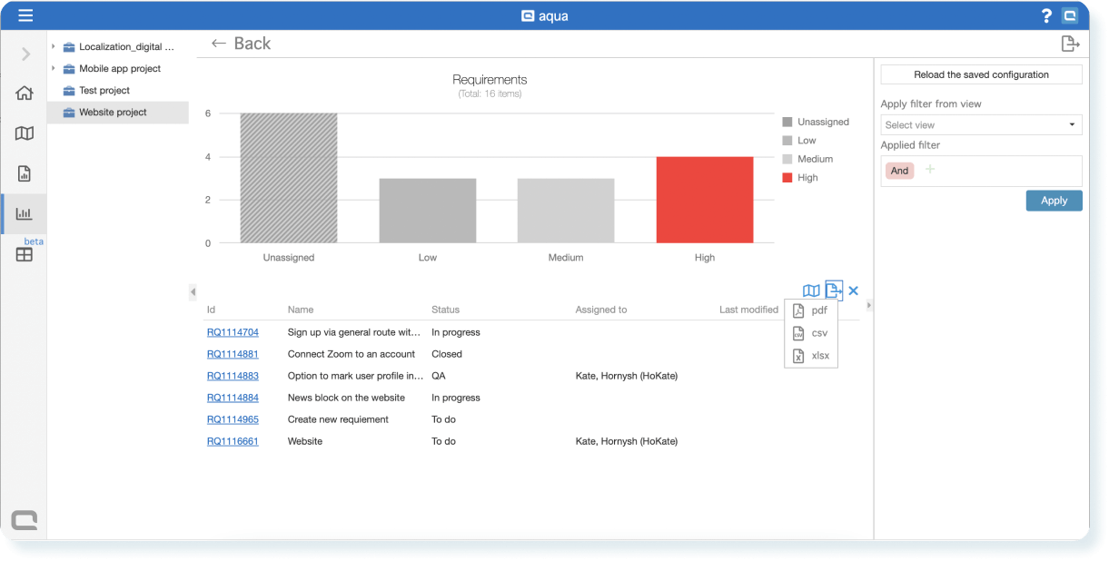 Excel export test management tool aqua